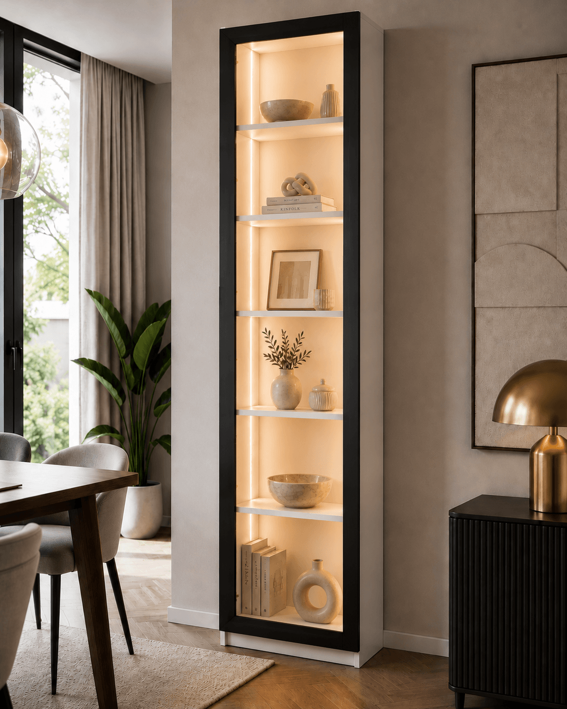 %100 MDF Cam Kapaklı Neon Ledli Gümüşlük Modern Vitrin 200x40x25 - 2