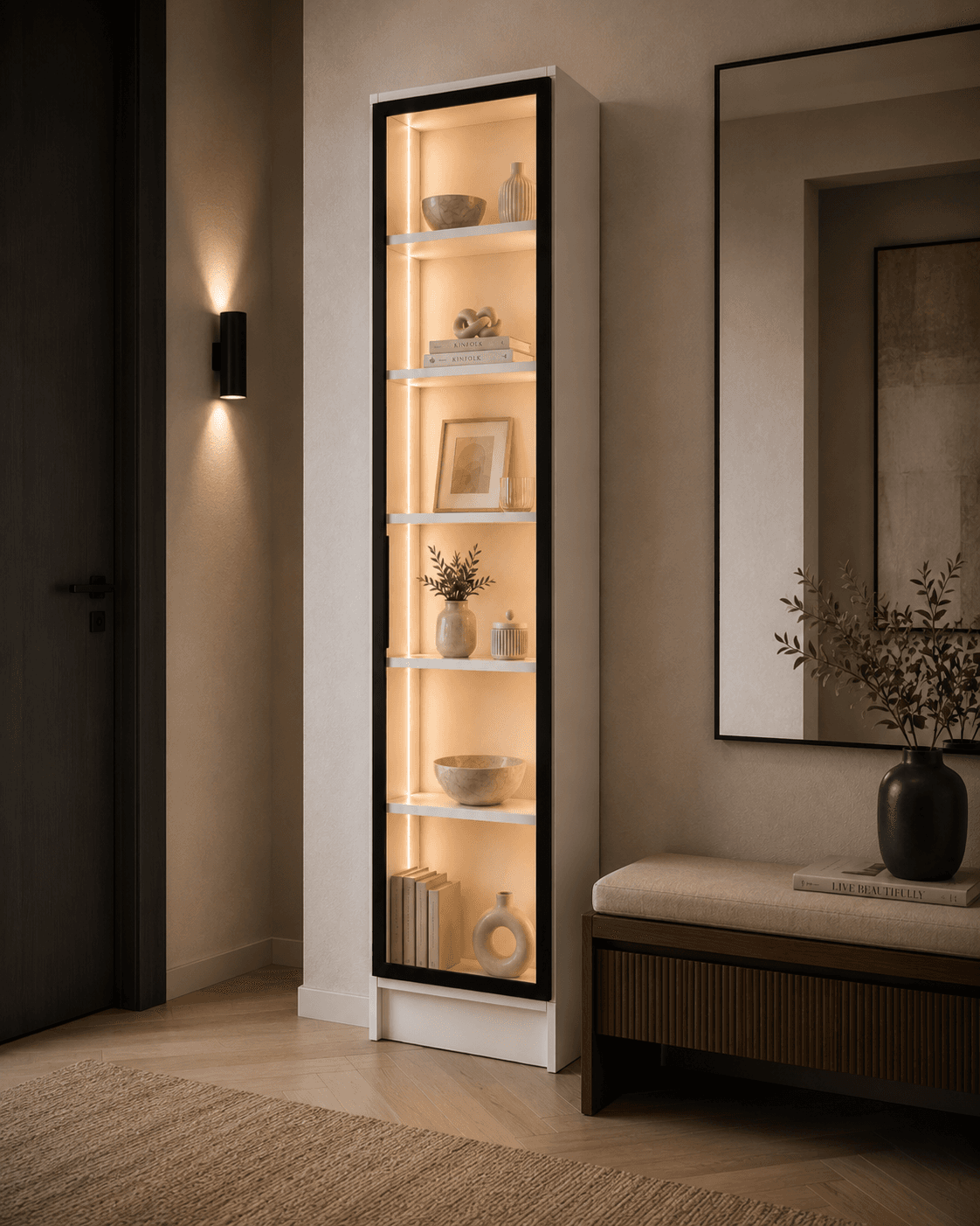 %100 MDF Cam Kapaklı Neon Ledli Gümüşlük Modern Vitrin 200x40x25